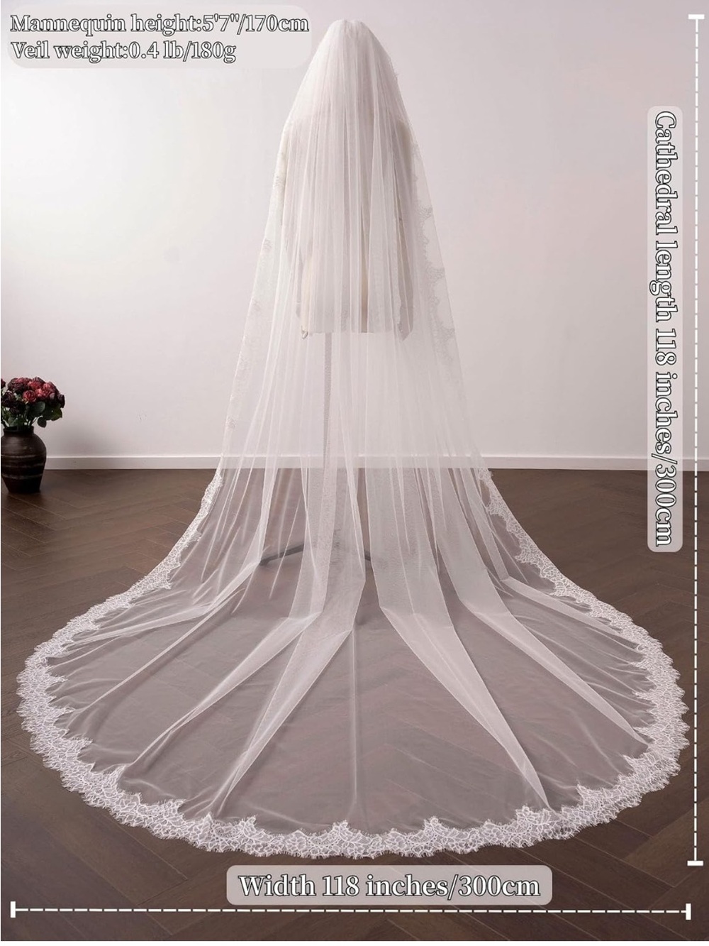 Cathedral Length Lace Edge Lightweight Wedding Bridal Veil with Comb